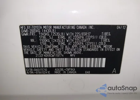 2012 Toyota Rav4 z USA, uszkodzony, nr VIN 2T3ZF4DVXCW119774